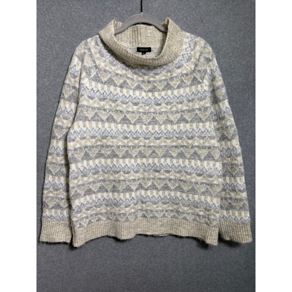 Verve‎ Ami Fair Isle Turtleneck Sweater Cream Gray Oversized Cozy Knit Large
